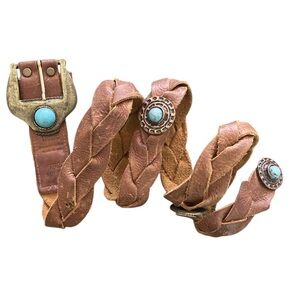 Vintage Y2K BEBE Brown Braided Leather Studded Faux Turquoise Southwest Belt M/L